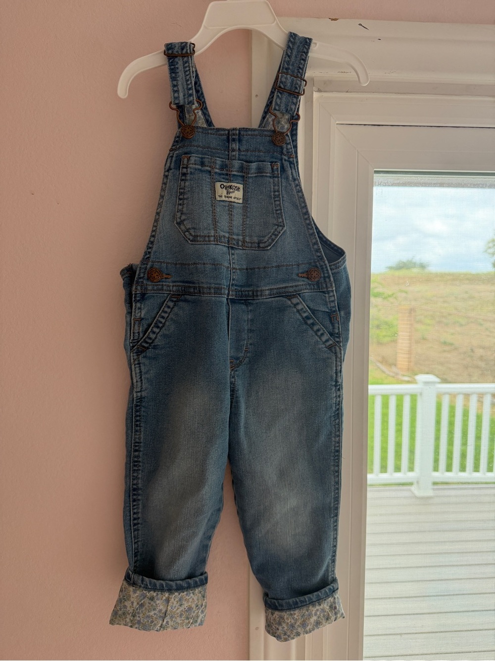 OshKosh B'gosh Faded Blue Denim Floral-Cuff Overalls